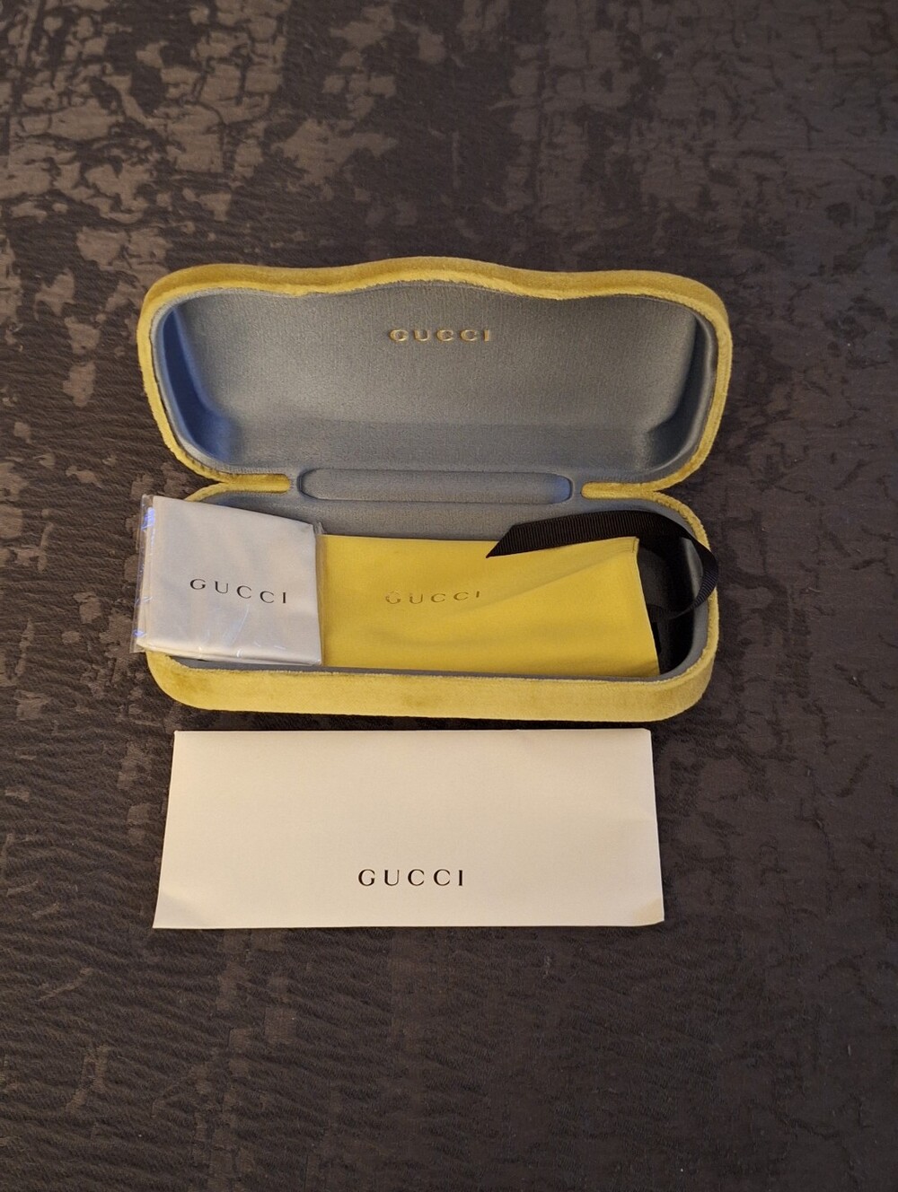 Gucci Yellow Velvet Eyewear Case with Matching Yellow Microfiber Pouch